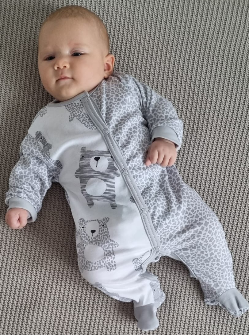 Overal kojenecký na spaní tisk "Medvěd" MKcool MK2001 bílo/šedý 68